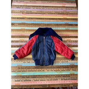 Vintage 1970s Toddler Jacket Size 2T 3T Small Bomber Zip Stripe Fur Hood Retro